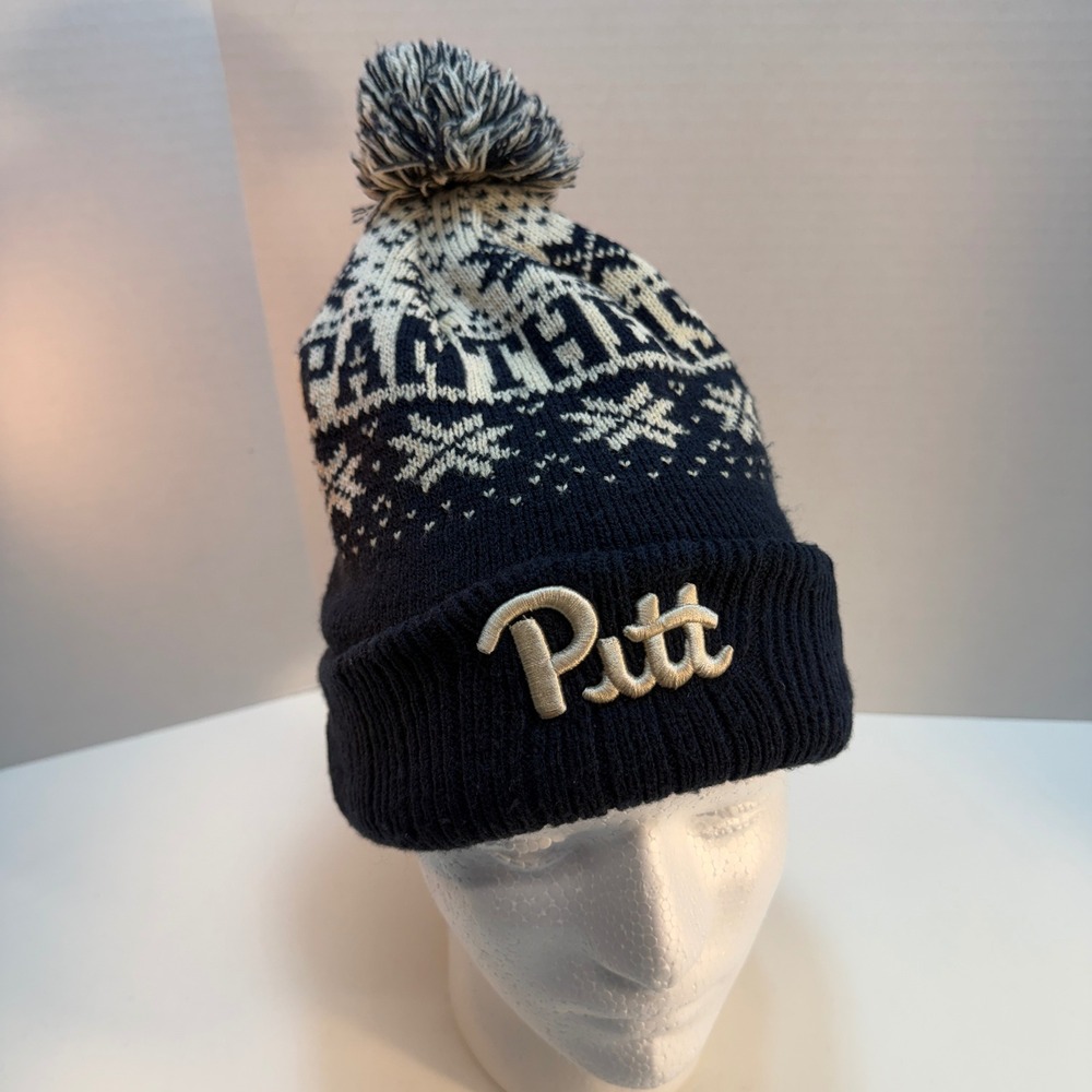 Pittsburgh Panthers Knit Beanie Pom Hat Navy Blue White Pitt Logo Fair Isle NCAA